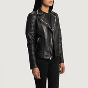 
Black Sheepskin Leather Biker Jacket - Vue arrière montrant la carrure ajustée et l'ourlet net
