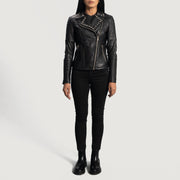 
Vue détaillée of Notch & Zipper Hardware on Sally Mae Clouté Noir Veste Motard en Cuir pour Femme