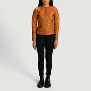 Vue détaillée of Classic Collar &amp; Zipper Hardware on Women's Sandy Camel Dye Veste Motard en Cuir pour Femme