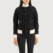 
Vue détaillée of Knit Rib & Buttons Hardware on Sasha A1 Black Suede Bomber Jacket