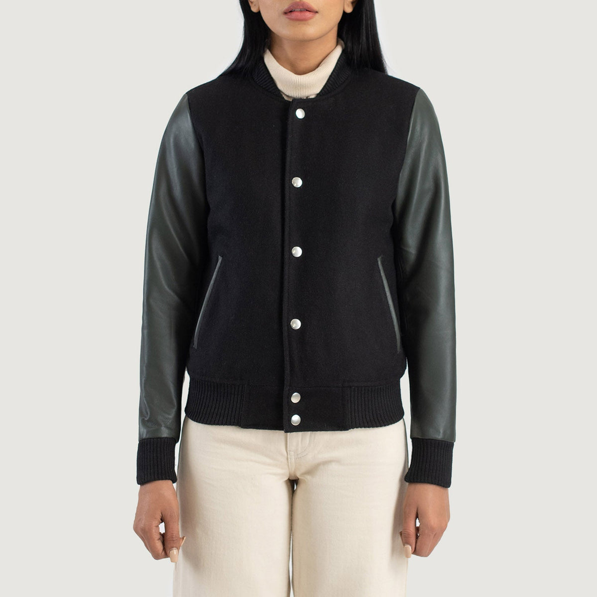 
Vue détaillée of Varsity & Snap Buttons Hardware on Savant Green Hybrid Varsity Jacket