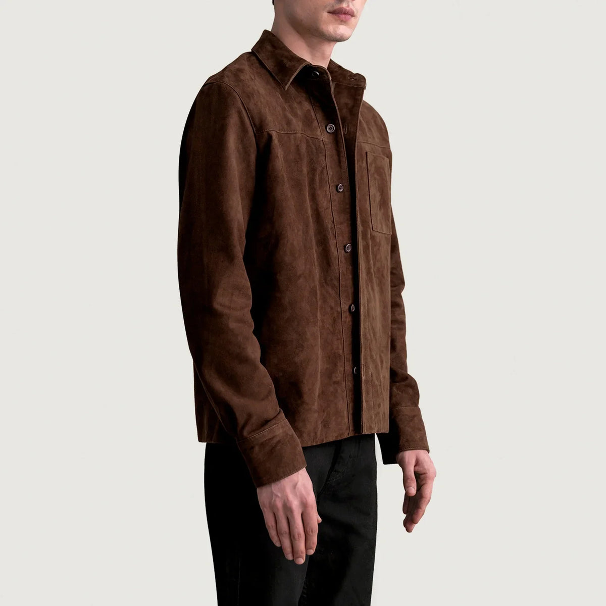 
Brown Goatskin suede Jacket - Vue arrière montrant la carrure ajustée et l'ourlet net
