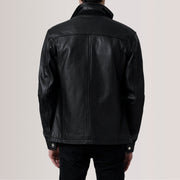 Vue détaillée of Shirt &amp; Zipper Hardware on Sean Noir Leather Classic Veste en Cuir pour Homme For Men