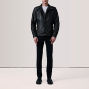 Distressed Black Sheepskin Snuffed Biker Jacket - Vue de dos avec coupe ajustée aux épaules &amp; ourlet soigné