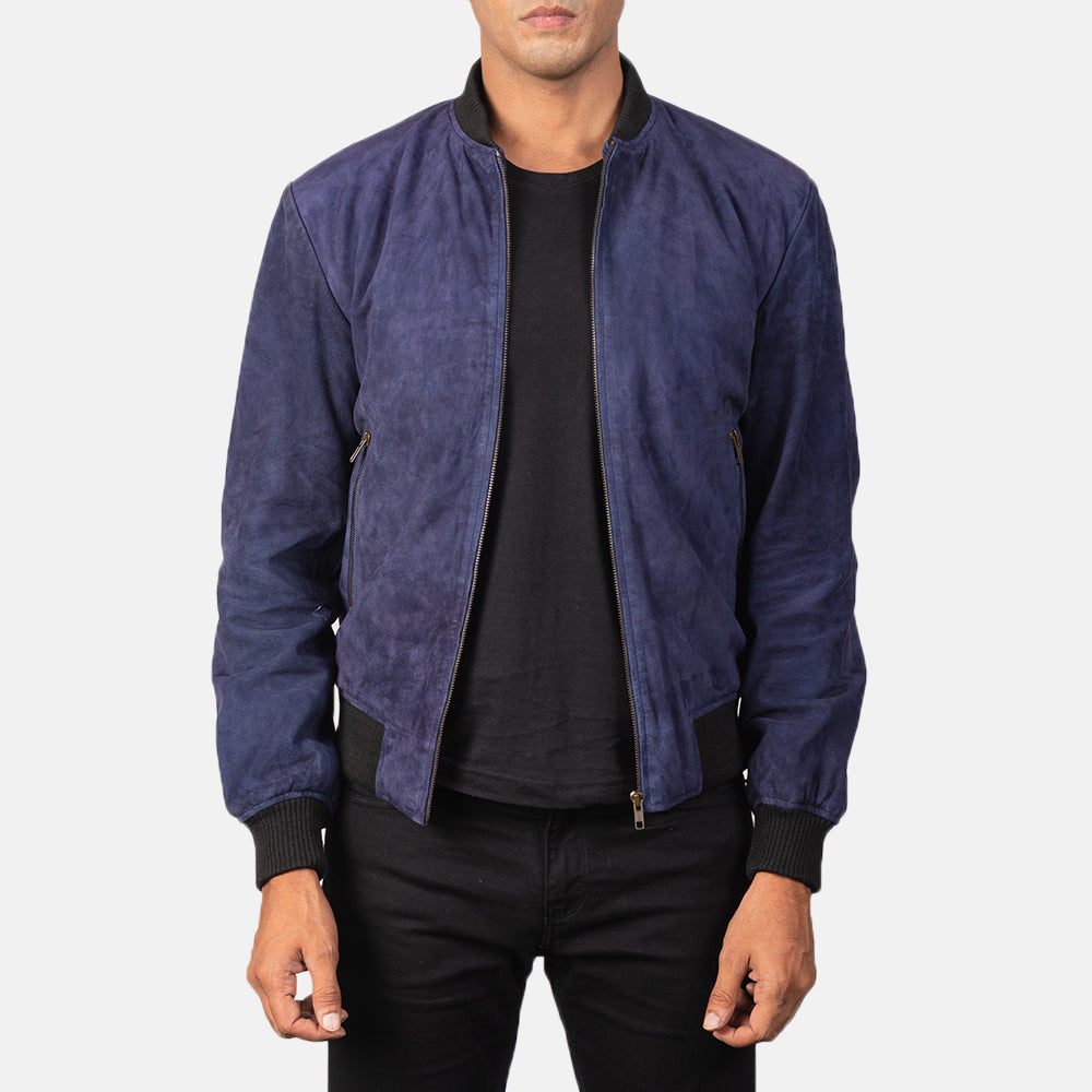 Men's Shane Navy Blue Suede Bomber Jacket in Blue Goatskin Suede - Vue de face &amp; silhouette ajustée | Acheter en ligne