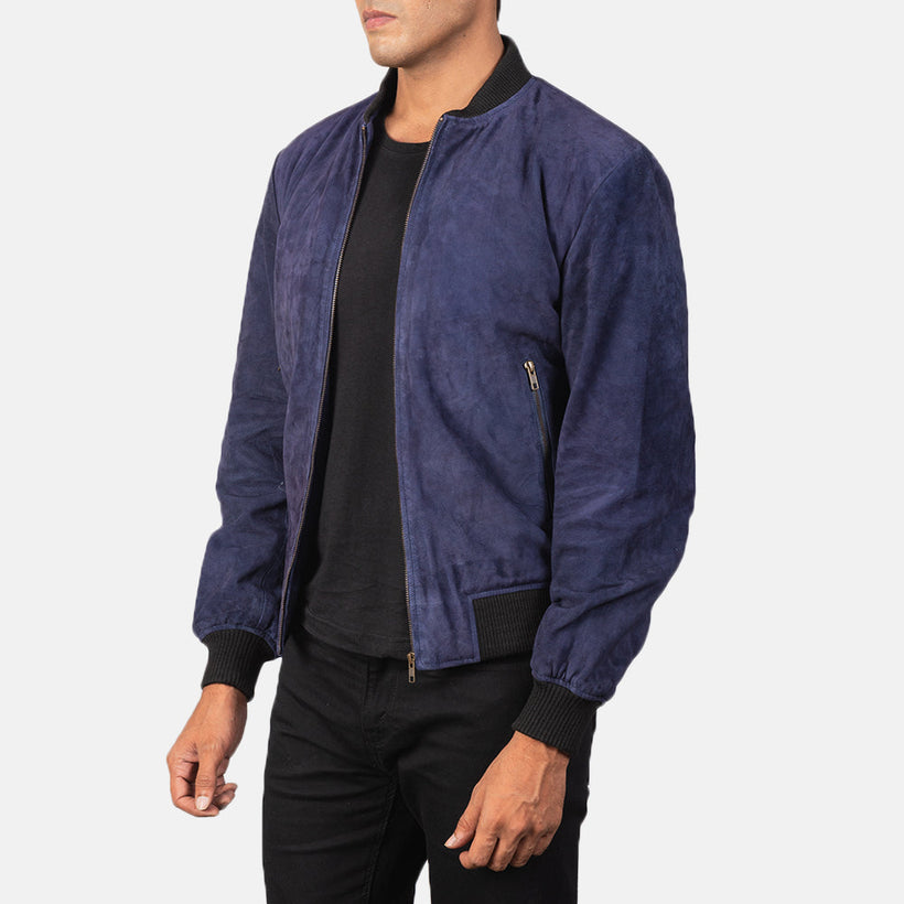 Shane Bleu Suede Blouson Bomber en Cuir pour Homme