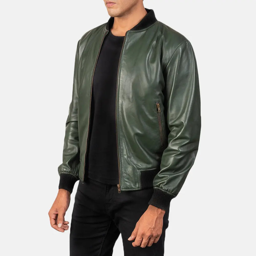 Shane Vert Blouson Bomber en Cuir pour Homme