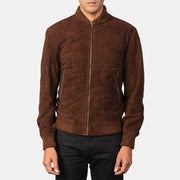 Vue détaillée of Varsity &amp; Zipper Hardware on Men's Shane Dark Mocha Brown Suede Bomber Jacket