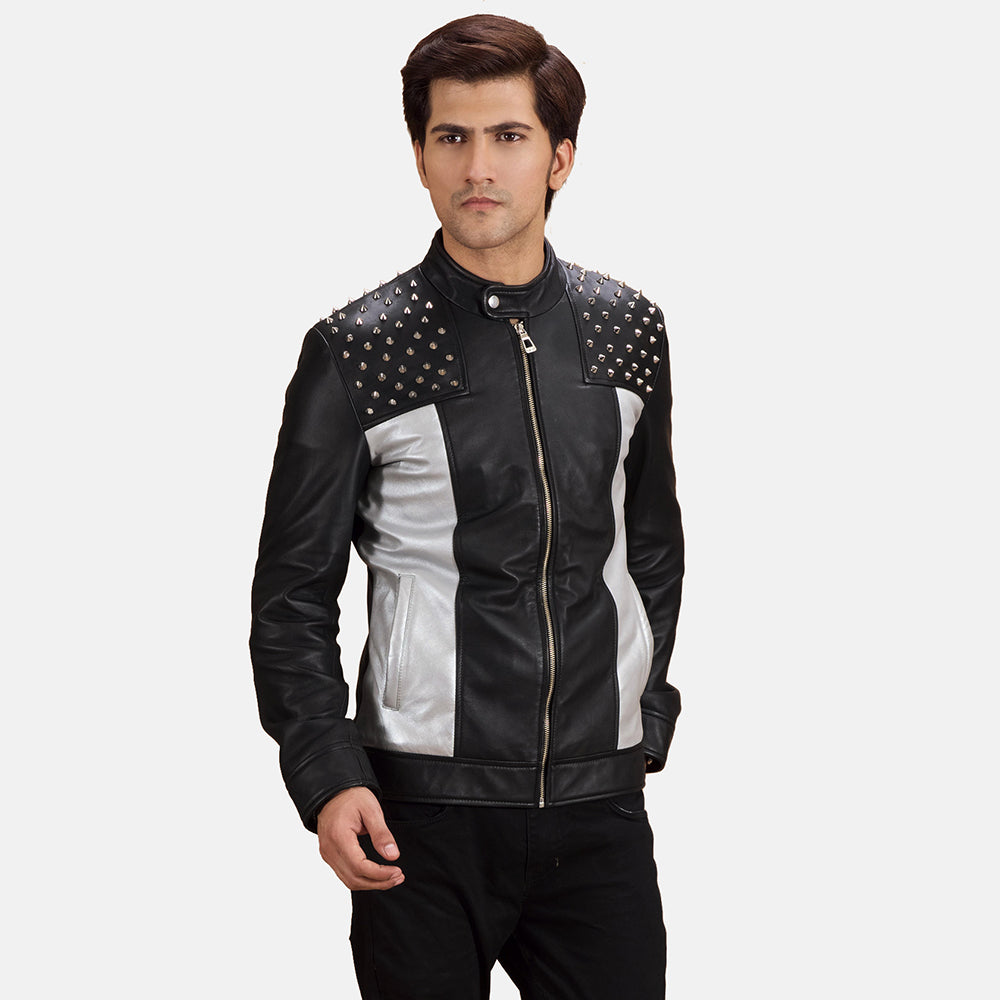Shapron Studded Veste Motard en Cuir pour Homme in Black Sheepskin Leather - Vue de face &amp; silhouette ajustée | Acheter en ligne