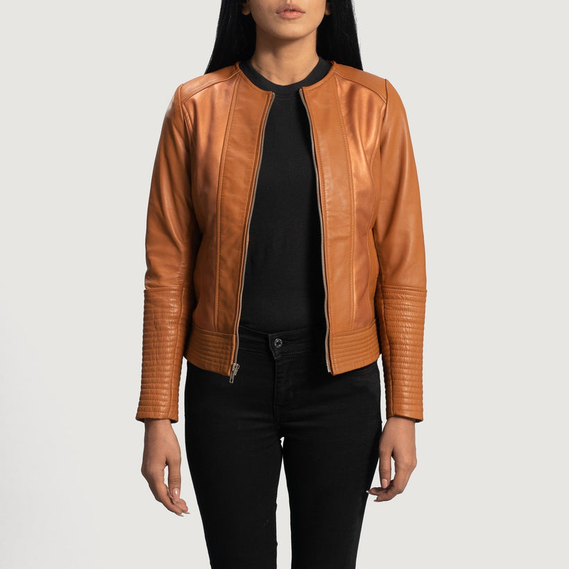 Sleeky Clean Camel Veste Motard en Cuir pour Femme