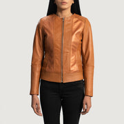 
Vue détaillée of Classic Collar & Zipper Hardware on Sleeky Clean Camel Veste Motard en Cuir pour Femme