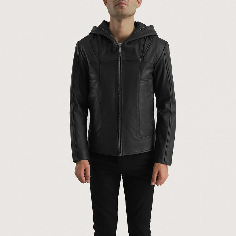 Spratt Noir Hooded Veste en Cuir pour Homme