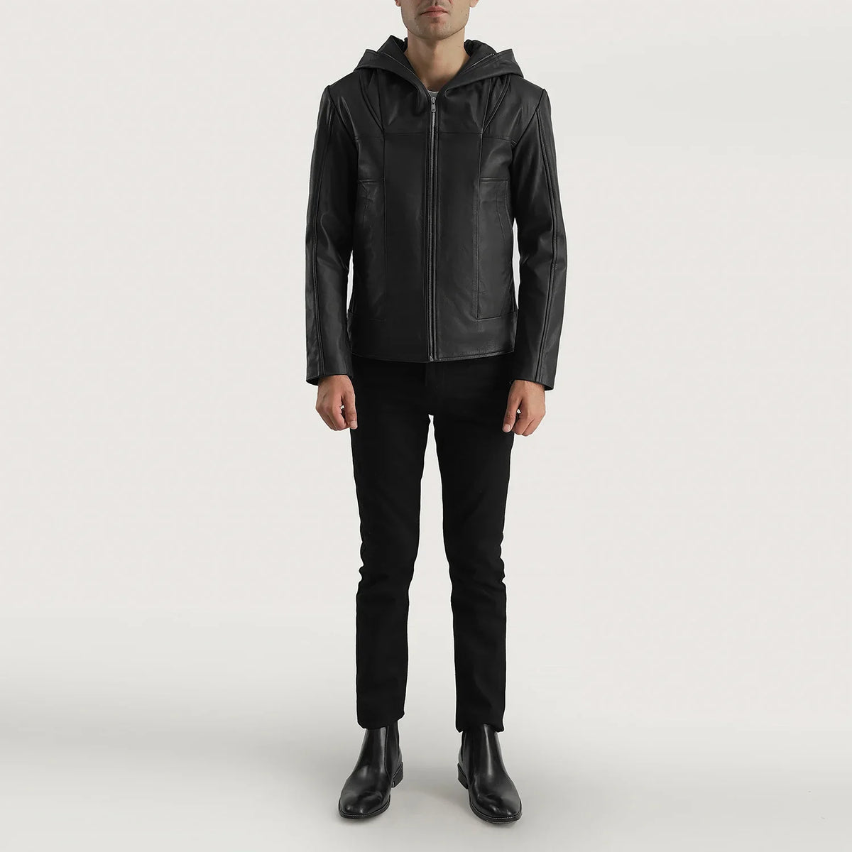 Vue détaillée of Hooded &amp; Zipper Hardware on Men's Spratt Noir Hooded Veste en Cuir pour Homme