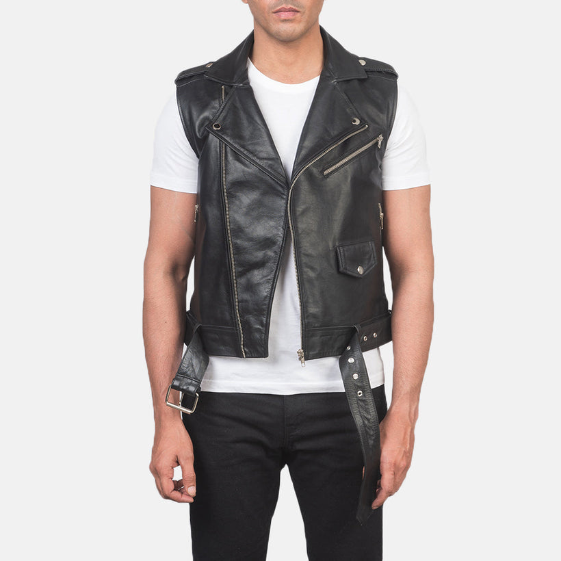 Sullivan Noir Leather Biker Vest pour Homme