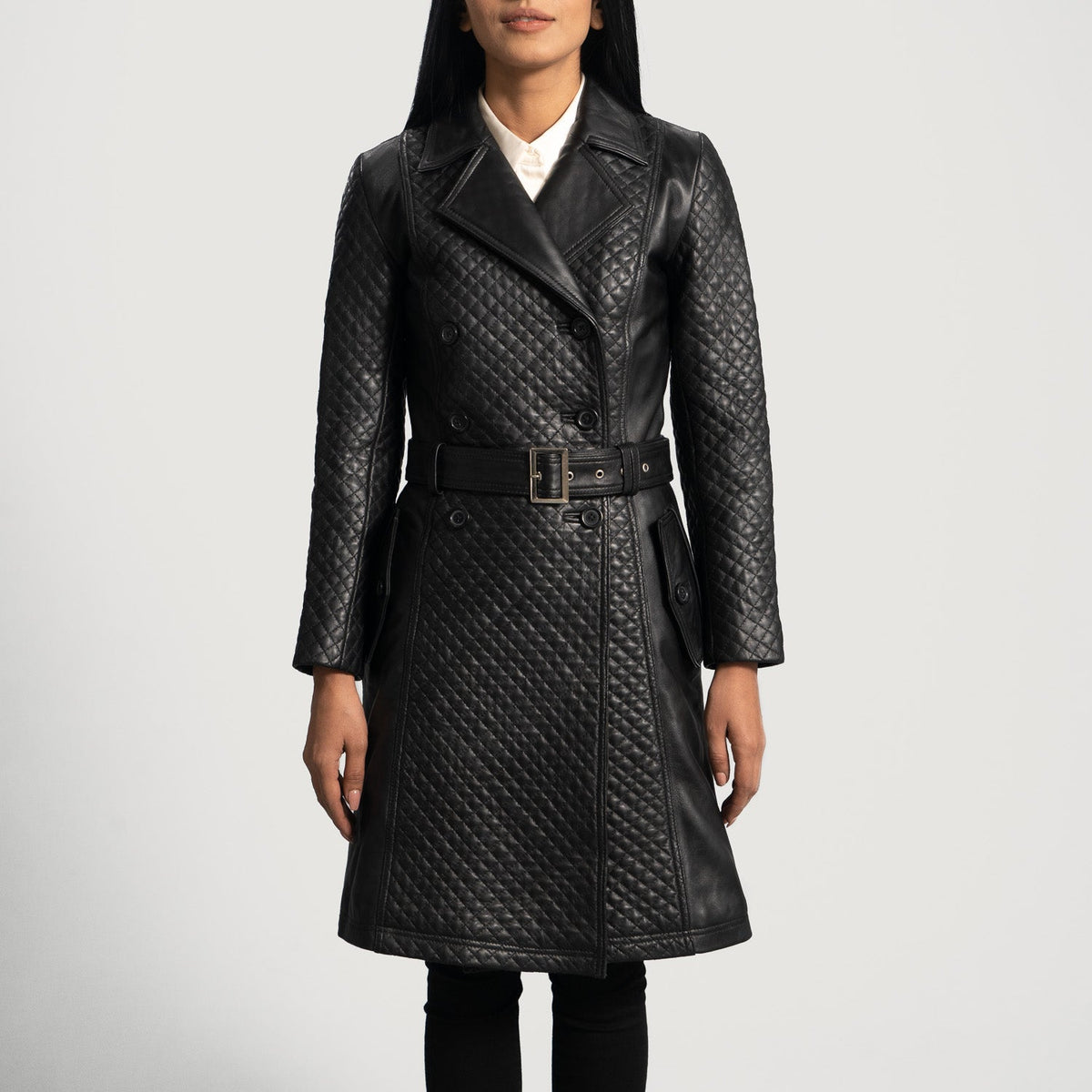 
Sweet Susan Noir Trench-coat en Cuir pour Femme in Black Sheepskin Leather - Vue de face & silhouette ajustée | Acheter en ligne