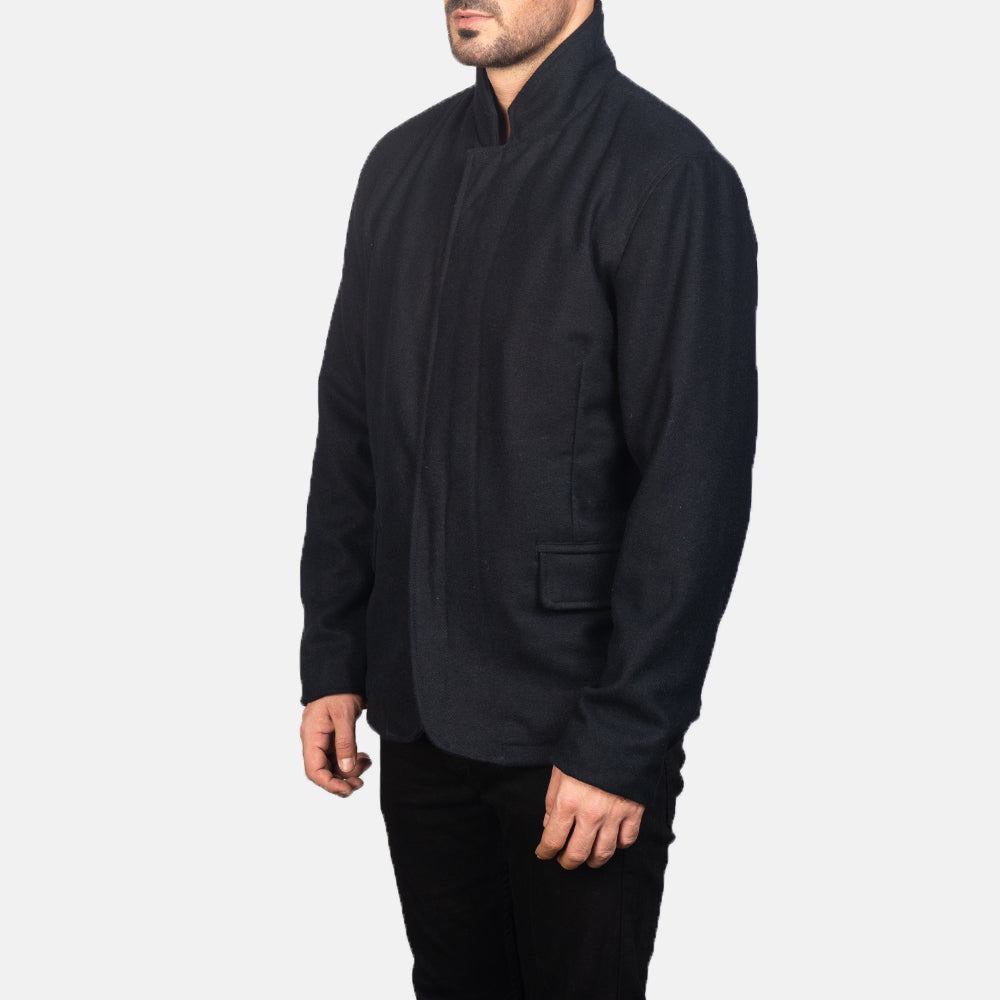 Black Synthetic Wool Winter Jacket - Vue de dos avec coupe ajustée aux épaules &amp; ourlet soigné