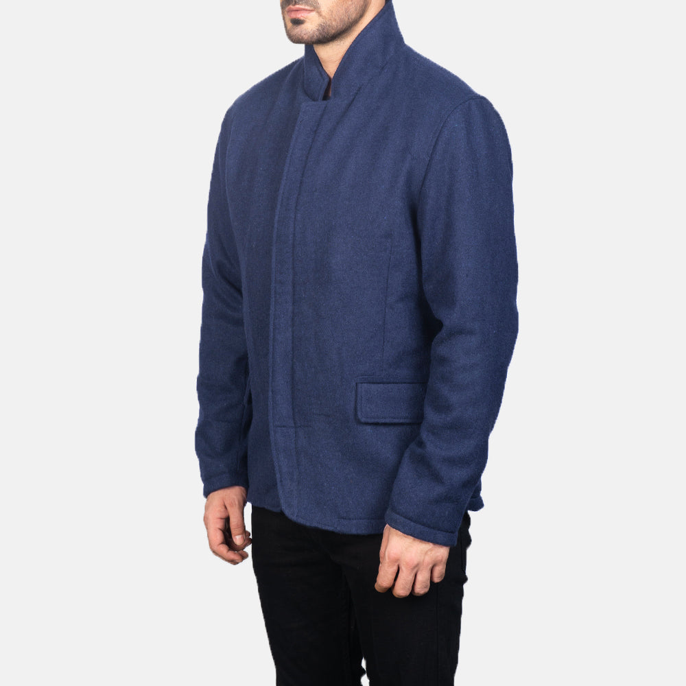 Navy Blue Synthetic Wool Winter Jacket - Vue de dos avec coupe ajustée aux épaules &amp; ourlet soigné