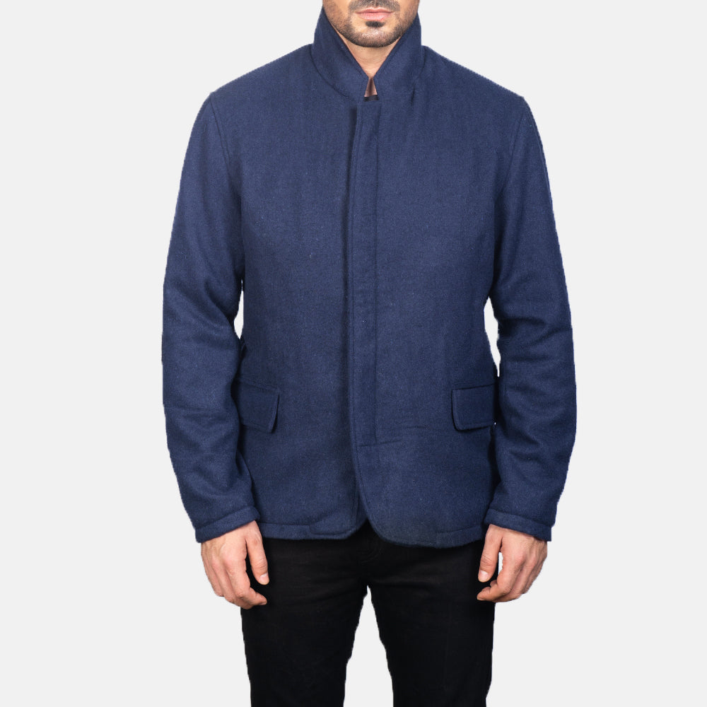 Vue détaillée of Nehru &amp; Zipper with Dual Puller Hardware on Men's Thomas Bleu Wool Veste en Cuir pour Homme