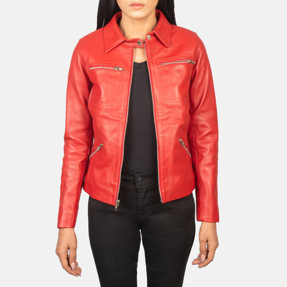 Women's Tomachi Red Leather Jacket in Red Sheep Skin Leather - Vue de face &amp; silhouette ajustée | Acheter en ligne