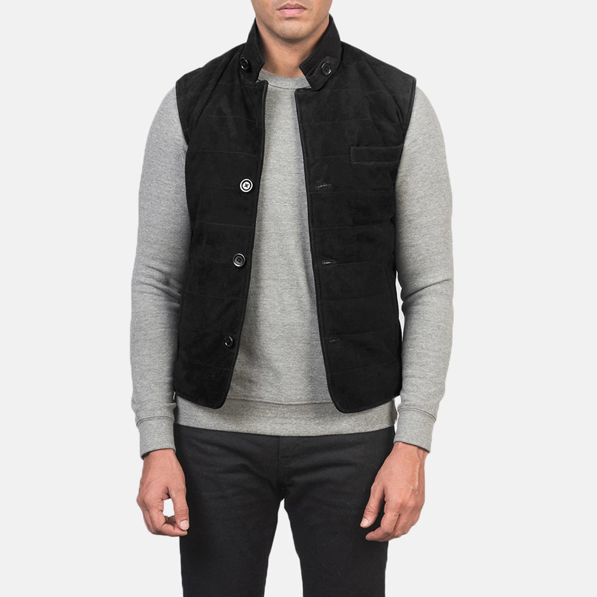 
Tony Noir Suede Vest pour Homme in Black Goatskin Suede - Vue de face & silhouette ajustée | Acheter en ligne