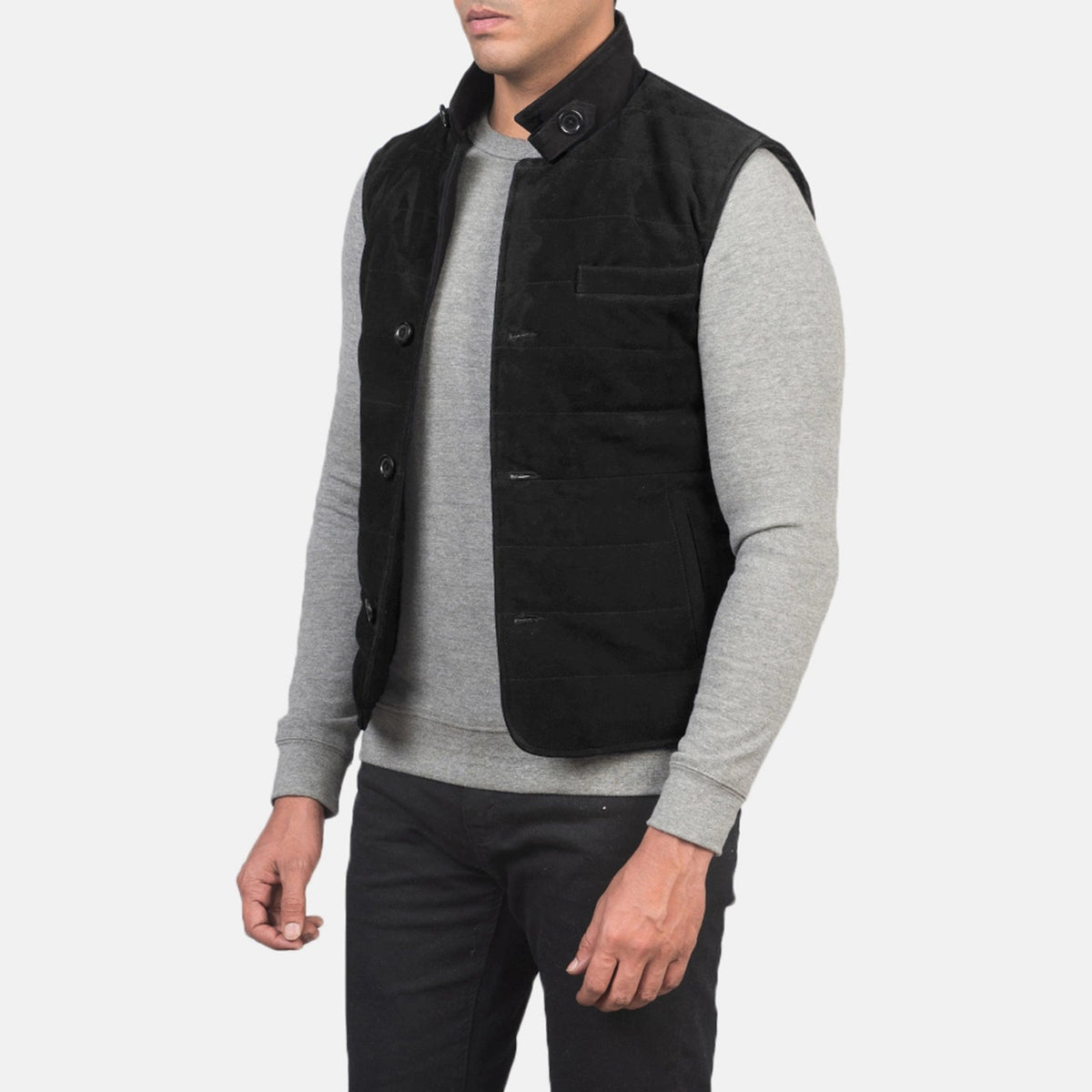
Black Goatskin Suede Leather Vest - Vue arrière montrant la carrure ajustée et l'ourlet net
