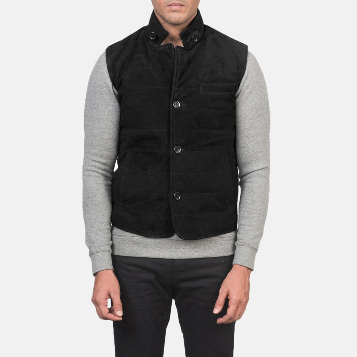 
Vue détaillée of Notch with removable throat latch & Button Hardware on Tony Noir Suede Vest pour Homme