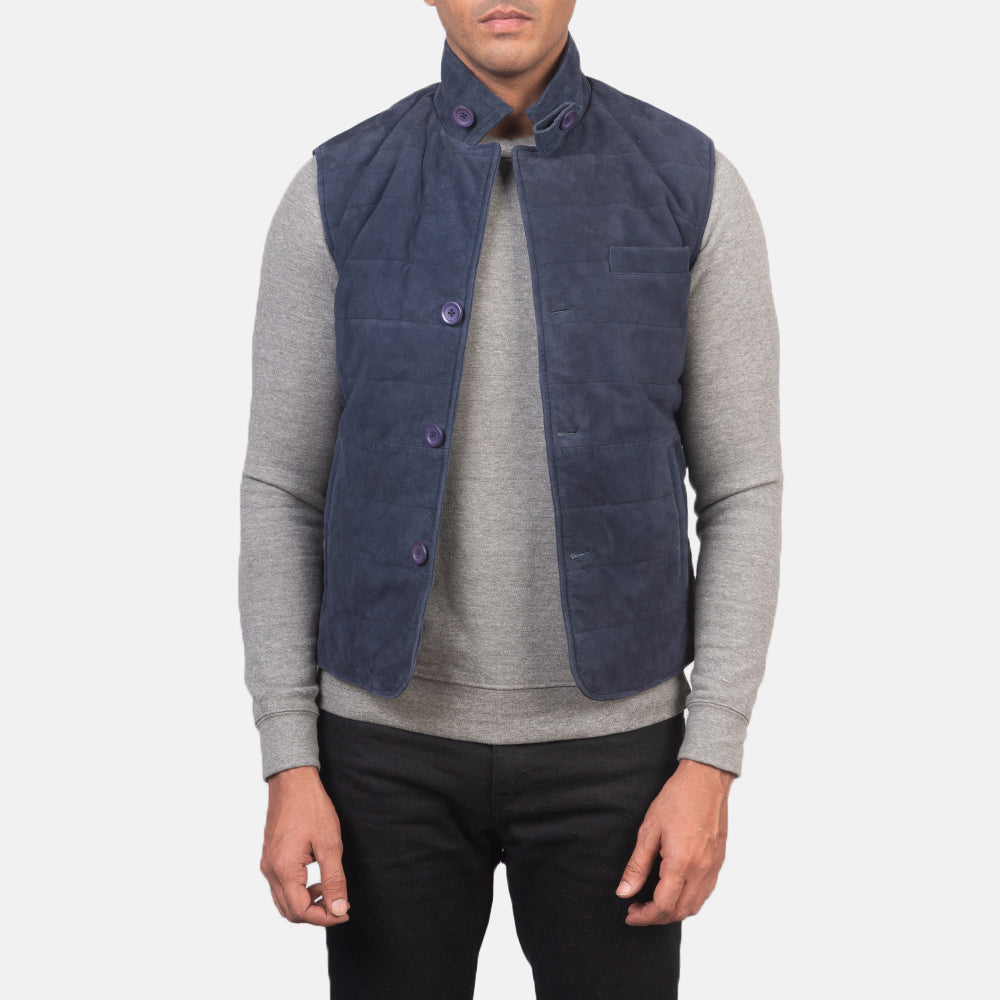 Men's Tony Bleu Suede Vest pour Homme in Blue Goatskin Suede - Vue de face &amp; silhouette ajustée | Acheter en ligne