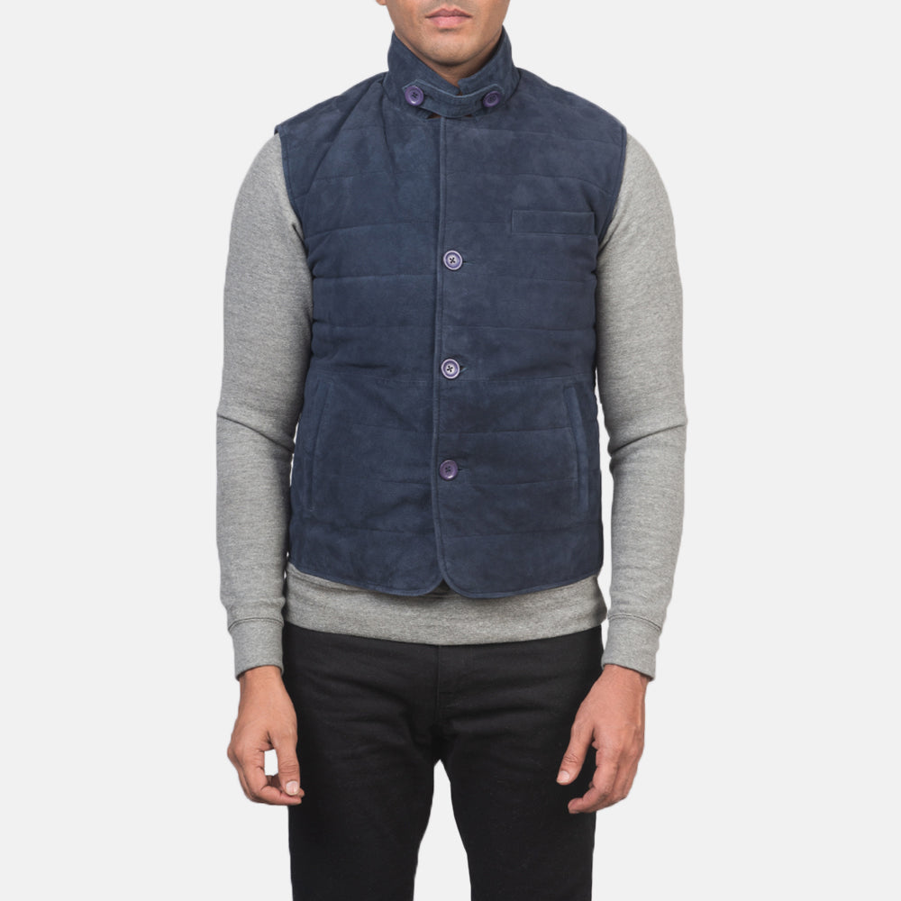 Vue détaillée of Notch with removable throat latch &amp; Button Hardware on Men's Tony Bleu Suede Vest pour Homme