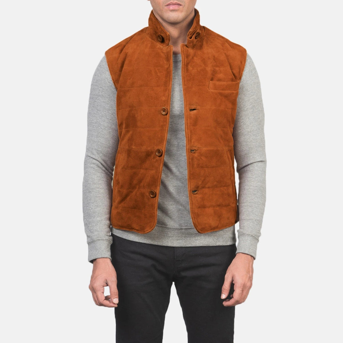 Men's Tony Marron Suede Vest pour Homme in Brown Goatskin Suede - Vue de face &amp; silhouette ajustée | Acheter en ligne