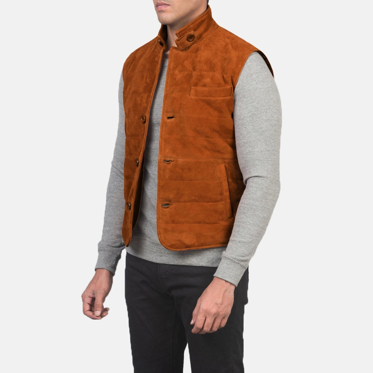 Brown Goatskin Suede Leather Vest - Vue de dos avec coupe ajustée aux épaules &amp; ourlet soigné