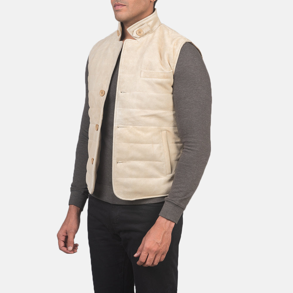 
Tony Off-Blanc Suede Vest pour Homme - Vue arrière montrant la carrure ajustée et l'ourlet net