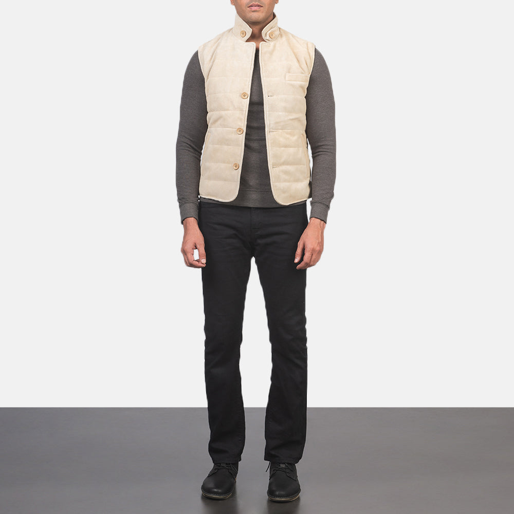 
Tony Off-Blanc Suede Vest pour Homme - Vue de profil mettant en valeur la coupe de manche ergonomique