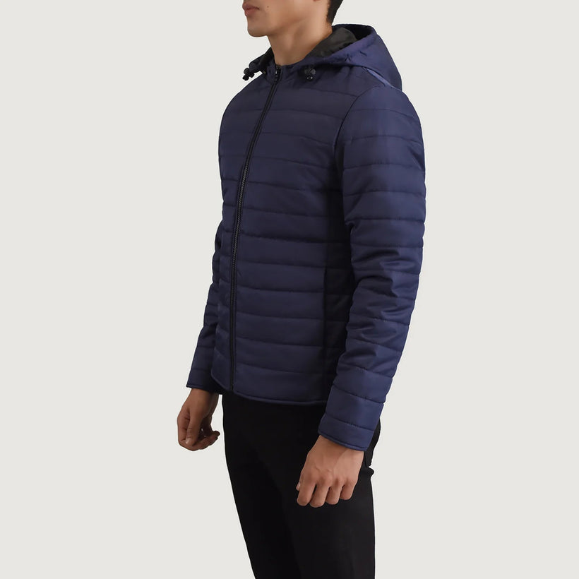Tyler Bleu Hooded Puffer Veste en Cuir pour Homme