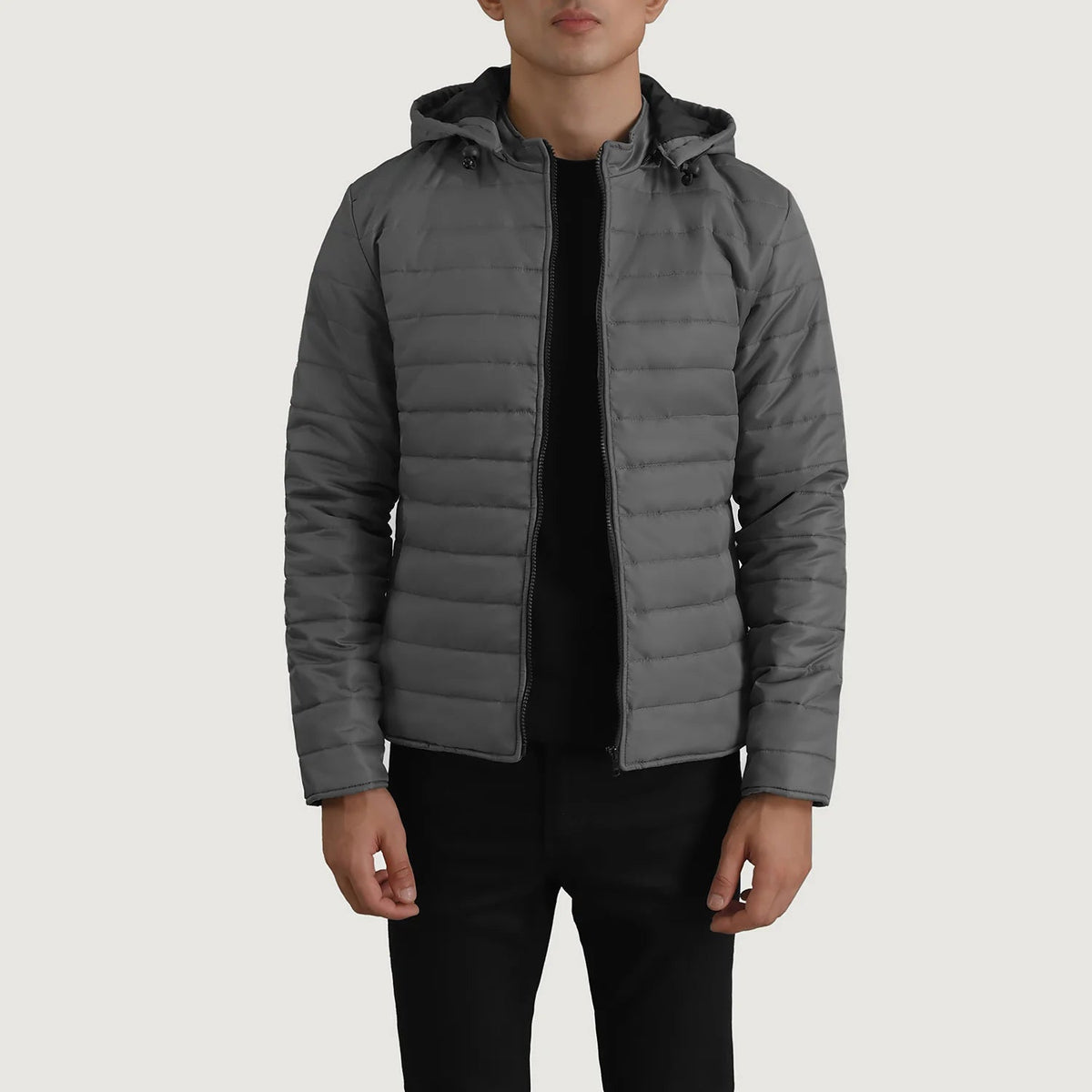 Tyler Gris Hooded Puffer Veste en Cuir pour Homme in Grey Full-Grain Leather - Vue de face &amp; silhouette ajustée | Acheter en ligne