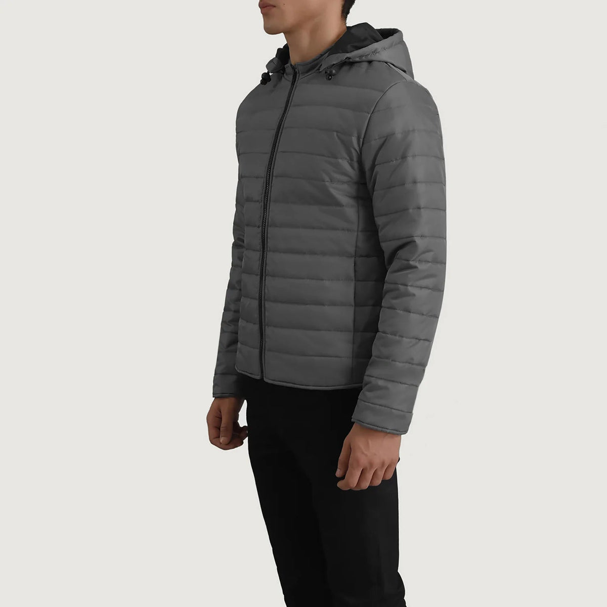 Grey Full-Grain Leather Hooded Jacket - Vue de dos avec coupe ajustée aux épaules &amp; ourlet soigné