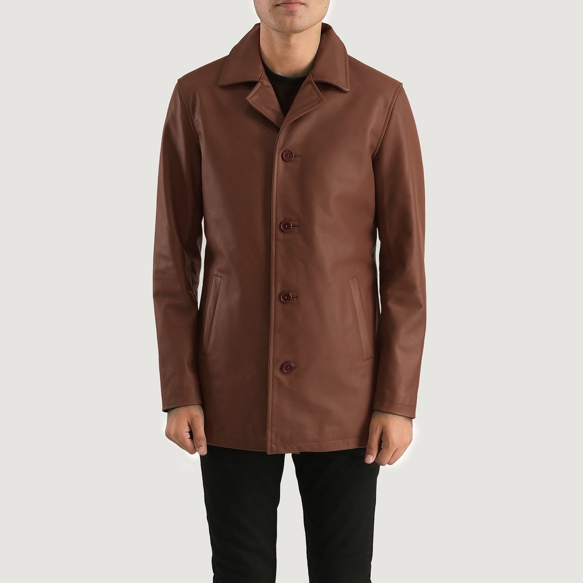 Urban Slate Marron Manteau en Cuir pour Homme in Brown Cowhide Leather - Vue de face &amp; silhouette ajustée | Acheter en ligne