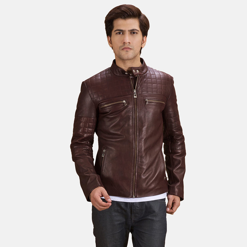 Urbane Matelassé Bordeaux Veste Motard en Cuir pour Homme
