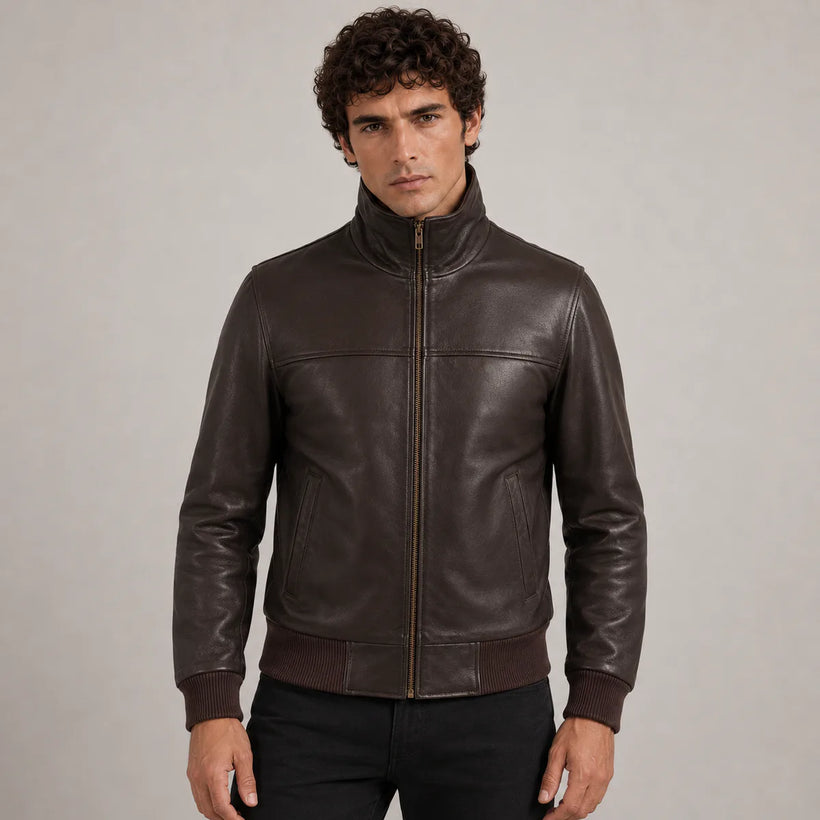 Dark Marron Sheepskin Blouson Bomber en Cuir pour Homme