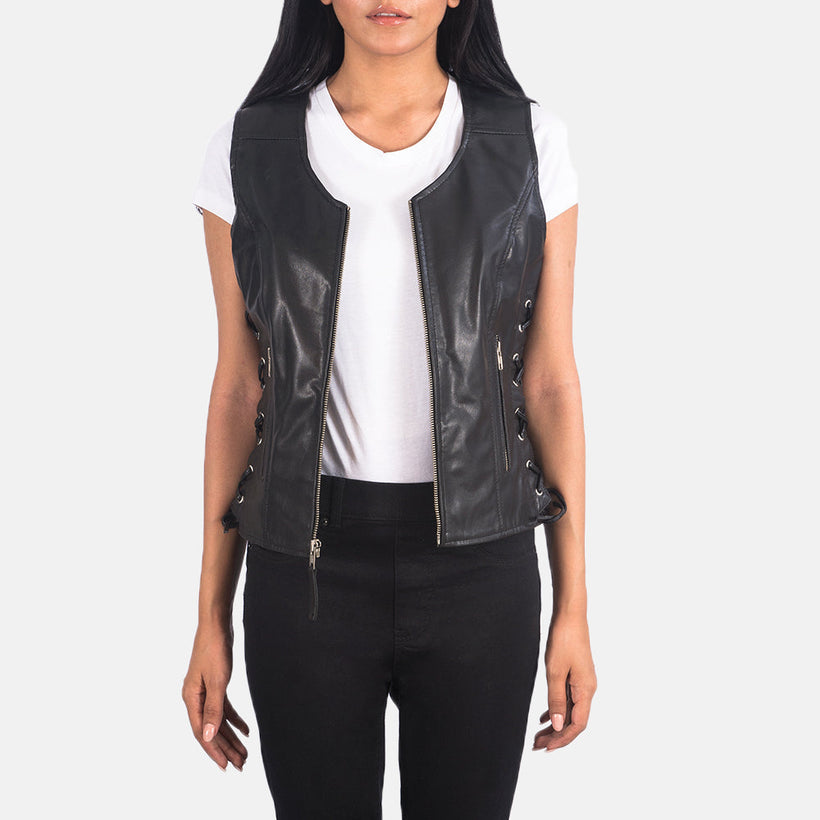 Vanda Noir Leather Biker Vest pour Femme