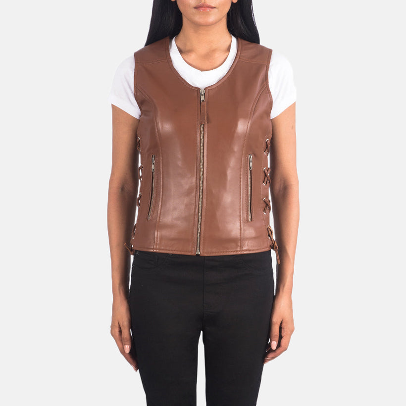 Vanda Marron Leather Biker Vest pour Femme