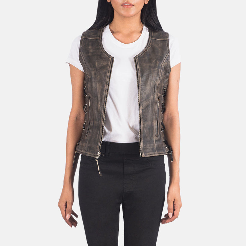Vanda Patine Usée Marron Leather Biker Vest pour Femme