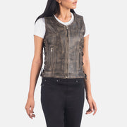 
Distressed Brown Goatskin Leather Biker Jacket - Vue arrière montrant la carrure ajustée et l'ourlet net
