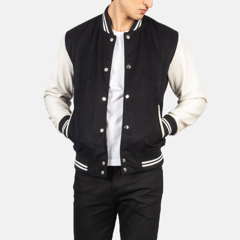 Vaxton Noir & Blanc Hybrid Varsity Veste en Cuir pour Homme