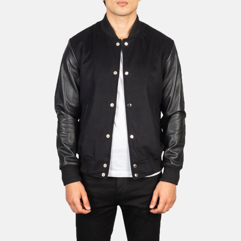 Vaxton Noir Hybrid Varsity Veste en Cuir pour Homme