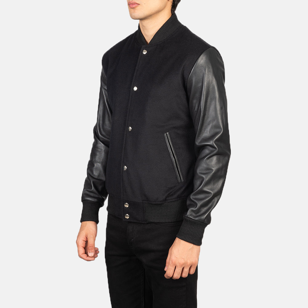 Black Sheepskin Leather Varsity Jacket - Vue de dos avec coupe ajustée aux épaules &amp; ourlet soigné