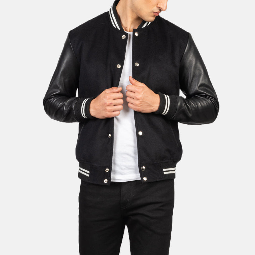 Vaxton Noir Striped Hybrid Varsity Veste en Cuir pour Homme