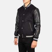 Black Sheepskin Leather Varsity Jacket - Vue de dos avec coupe ajustée aux épaules &amp; ourlet soigné