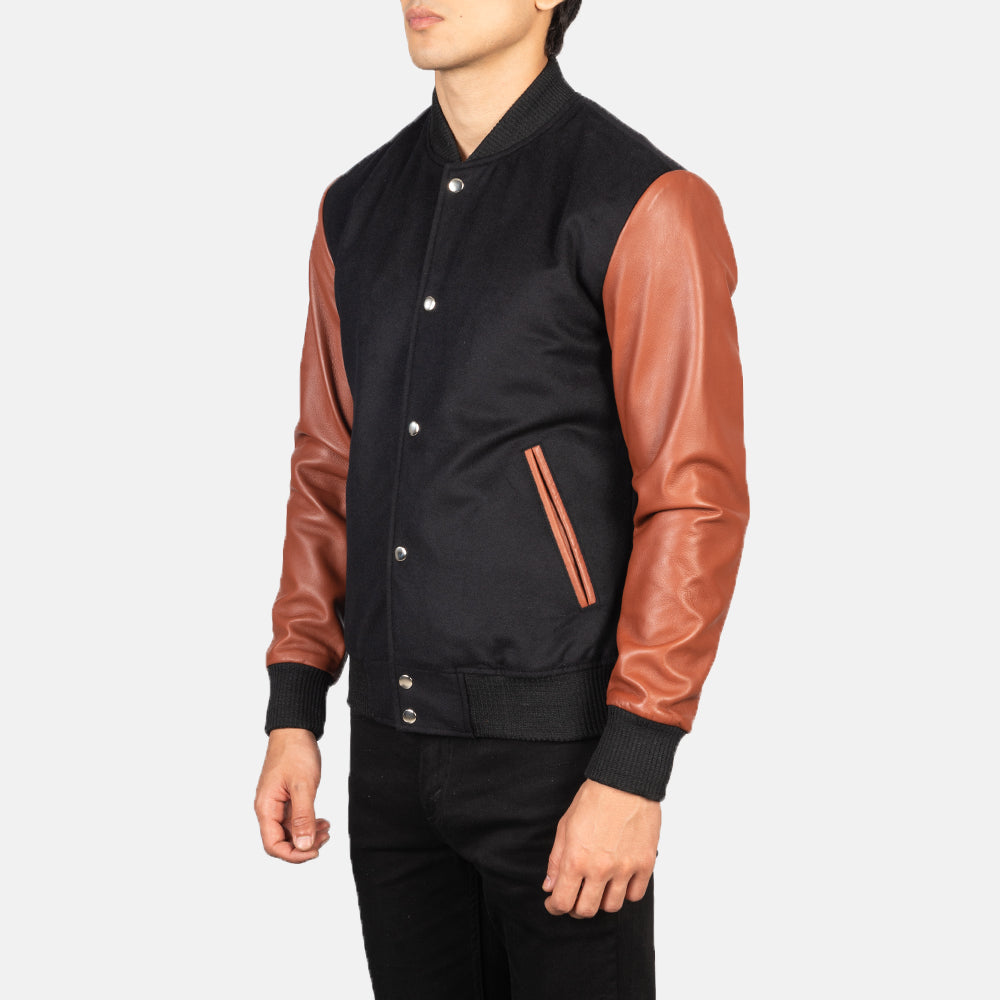Black &amp; Brown Sheepskin Leather Varsity Jacket - Vue de dos avec coupe ajustée aux épaules &amp; ourlet soigné