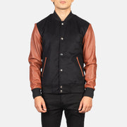 Vue détaillée of Varsity &amp; Snap Buttons Hardware on Men's Vaxton Brown Hybrid Varsity Jacket