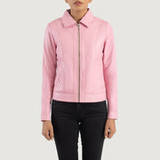 Vue détaillée of Shirt &amp; Zipper Hardware on Women's Vixen Pink Classic Collar Leather Jacket